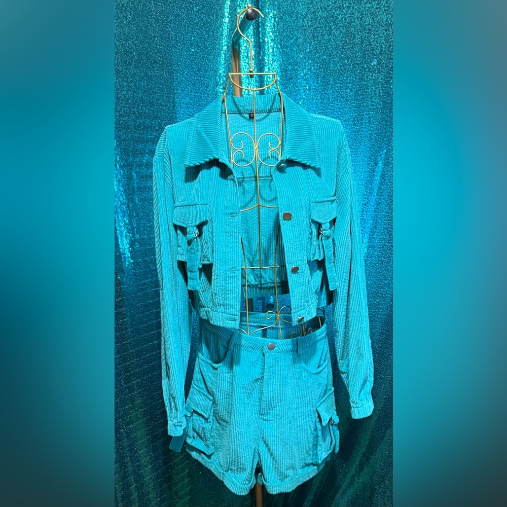 Stylish Teal Corduroy Jacket and Short Set